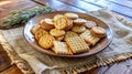 A delightful assortment of crackers arranged on a rustic plate, enhanced by natural burlap and wooden textures. Generative AI