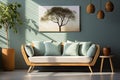 Inviting Comfort Cozy Sofa with Mint and White Pillows, Potted Houseplant, Wooden Cabinet, Blue Wall with Poster, and Pendant