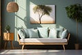 Inviting Comfort Cozy Sofa with Mint and White Pillows, Potted Houseplant, Wooden Cabinet, Blue Wall with Poster, and Pendant