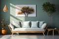 Inviting Comfort Cozy Sofa with Mint and White Pillows, Potted Houseplant, Wooden Cabinet, Blue Wall with Poster, and Pendant