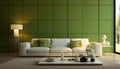 Inviting contemporary living room with refreshing green tones and captivating wall art