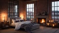 Inviting and cozy bedroom with brick wall, fireplace, and modern loft interior design concept Royalty Free Stock Photo