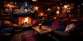 inviting and cozy lodge lobby in a mountain retreat, featuring a stone fireplace, wooden beams, and rustic furnishings