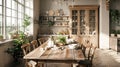 Inviting and cozy rustic french country kitchen with wooden furniture and natural light