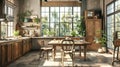 Inviting and cozy rustic french country kitchen with wooden furniture and natural light