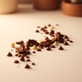 an inviting display of dark and white chocolate chips scattered across a creamy surface, perfect for baking or indulging in a swee Royalty Free Stock Photo