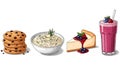 Tempting cartoon spread: Cookies, risotto, cheesecake, and berry smoothie arrangement Royalty Free Stock Photo