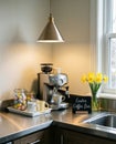 Inviting easter coffee bar with espresso machine and spring decor in a cozy kitchen Royalty Free Stock Photo