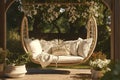 Inviting garden retreat swing adorned with plush pillows and blankets Royalty Free Stock Photo