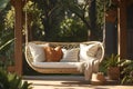 Inviting garden retreat swing adorned with plush pillows and blankets Royalty Free Stock Photo