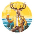 Sunset beach scene with stag holding a pint of beer