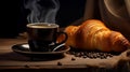 Freshly Baked Croissant Paired with Steaming Coffee on Rustic Wooden Table. Generative Ai