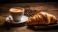 Freshly Baked Croissant Paired with Steaming Coffee on Rustic Wooden Table. Generative Ai