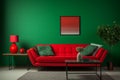 Inviting Home interior red sofa green wall. Generate Ai