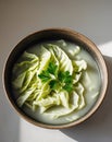Inviting homemade cabbage soup with fresh parsley in natural light and rich textures from side angle Royalty Free Stock Photo