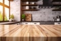 Wooden table on blurred kitchen bench background Royalty Free Stock Photo