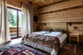 Cozy boho style bedroom interior with wooden walls and ethnic decor Royalty Free Stock Photo