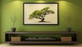 Inviting modern living room interior with green tones and eye catching wall art pieces