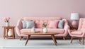 Inviting modern living room with pink color scheme and captivating wall art decorations