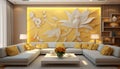 Inviting modern living room with vibrant yellow color scheme and captivating wall art