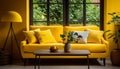 Inviting modern living room with vibrant yellow tones, stylish furniture, and captivating wall art