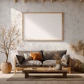 Modern Rustic Living Room with Blank Frame Mockup and Natural Light Royalty Free Stock Photo