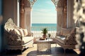 Inviting outdoor terrace with designer furniture overlooking the ocean.