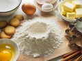 Homemade Baking Ingredients Preparation with Flour, Eggs, and Butter Royalty Free Stock Photo