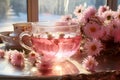 Inviting Pink chamomile tea cup banner. Generate Ai Royalty Free Stock Photo