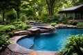 Inviting Pool area backyard banner. Generate Ai Royalty Free Stock Photo