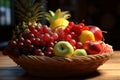 An inviting presentation of fruits within a basket, set on wood