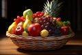 An inviting presentation of fruits within a basket, set on wood