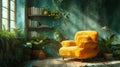 This inviting reading nook features a comfortable yellow armchair surrounded by lush greenery, bookshelves, and warm sunlight