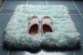 Inviting scene a bath mat and fluffy slippers form a comfortable top view