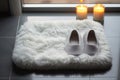 Inviting scene a bath mat and fluffy slippers form a comfortable top view