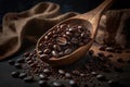 Ai Generative Medium Roasted Coffee Beans and a Charming Wooden Spoon on Table Royalty Free Stock Photo