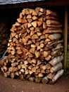 An inviting scene featuring neatly stacked chopped firewood, ready for winter heating. The rustic charm of the logs Royalty Free Stock Photo