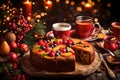 An inviting scene showcasing a delectable fruit cake accompanied by a steaming cup of tea, perfect for a cozy New Year celebration