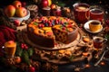 An inviting scene showcasing a delectable fruit cake accompanied by a steaming cup of tea, perfect for a cozy New Year celebration