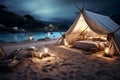 Inviting set up on the beach with a bed in a tent, perfect for a romantic evening. AI-generated. Royalty Free Stock Photo