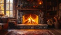 Inviting Stone Fireplace with Burning Fire Logs in Cozy Autumn Interior Setting Royalty Free Stock Photo