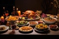 An inviting table featuring an array of delicious food and elegant candles illuminating the setting, A Thanksgiving feast with all Royalty Free Stock Photo