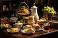 An inviting table filled with a variety of delicious food plates and steaming cups of tea, Classic English afternoon tea with