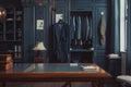 Inviting tailoring studio showcases navy suit. Explore detailed stitching, opulent fabric, and expert craftsmanship