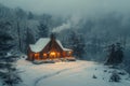 Rustic cabin with a warm glow in a snowy setting Royalty Free Stock Photo