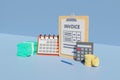 Invoice concept with clipboard money and schedule calendar payment . 3d illustration rendering