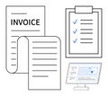 Invoice Document, Checklist on Clipboard, and Financial Dashboard Display on Monitor Royalty Free Stock Photo