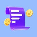 Invoice and dollar gold coin illustratio 3d rending