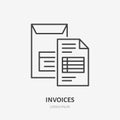 Invoice flat line icon. Document delivery in envelope sign. Thin linear logo for legal financial services, accountancy