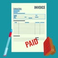 Invoice vector bill with red paid stamp close-up realistic illustration.